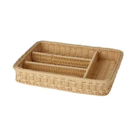 Heavy Duty Polypropylene Rattan Cutlery Basket, Rectangular, 40x30x6.5cm, With 4 Divisions, Beige (C06 Series)