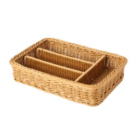 Heavy Duty Polypropylene Rattan Cutlery Basket, Rectangular, 40x30x6.5cm, With 4 Divisions, Dark Brown (C06 Series)