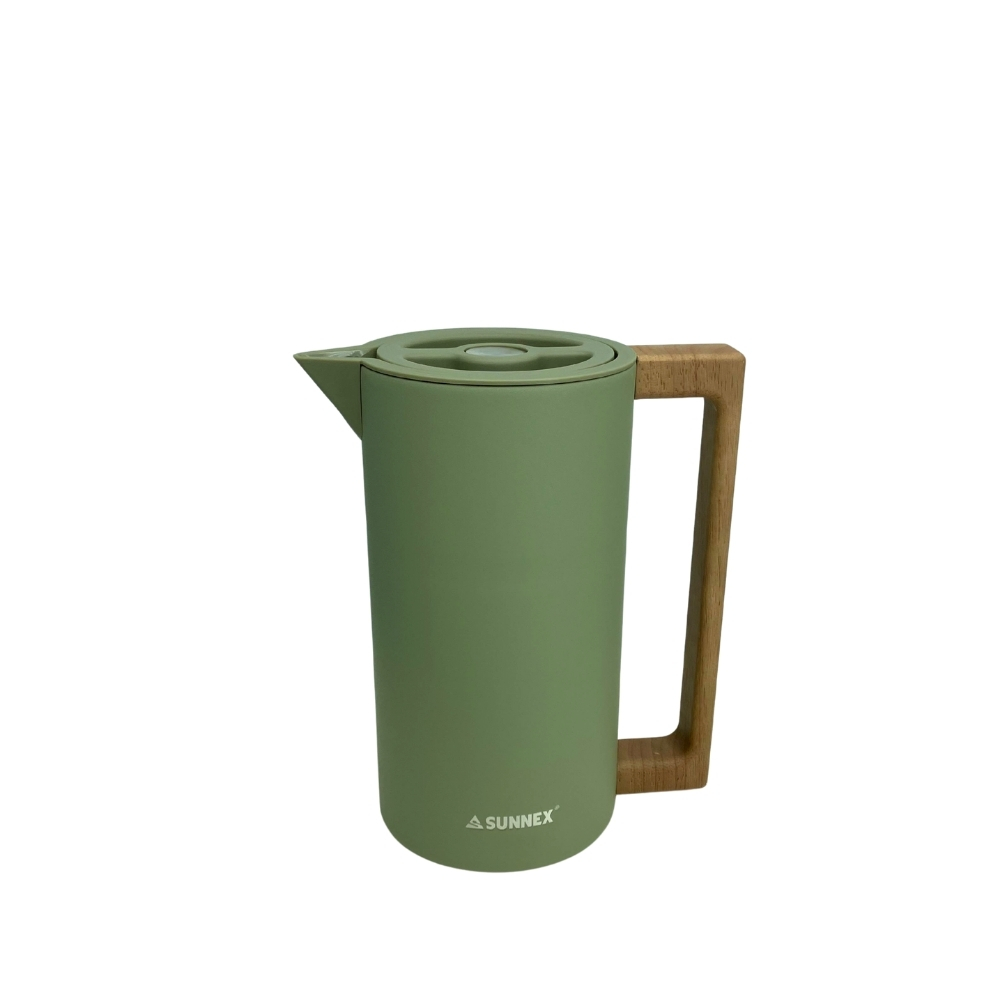 Stylish SUNNEX vacuum jug with 304 stainless steel double-wall and wood handle keeps drinks warm for hours. Sleek, safe, and perfect for everyday use.