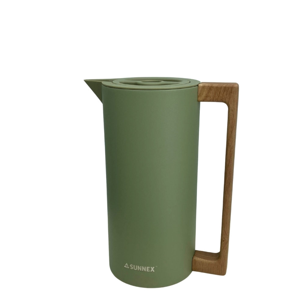 Stylish SUNNEX vacuum jug with 304 stainless steel double-wall and wood handle keeps drinks warm for hours. Sleek, safe, and perfect for everyday use.