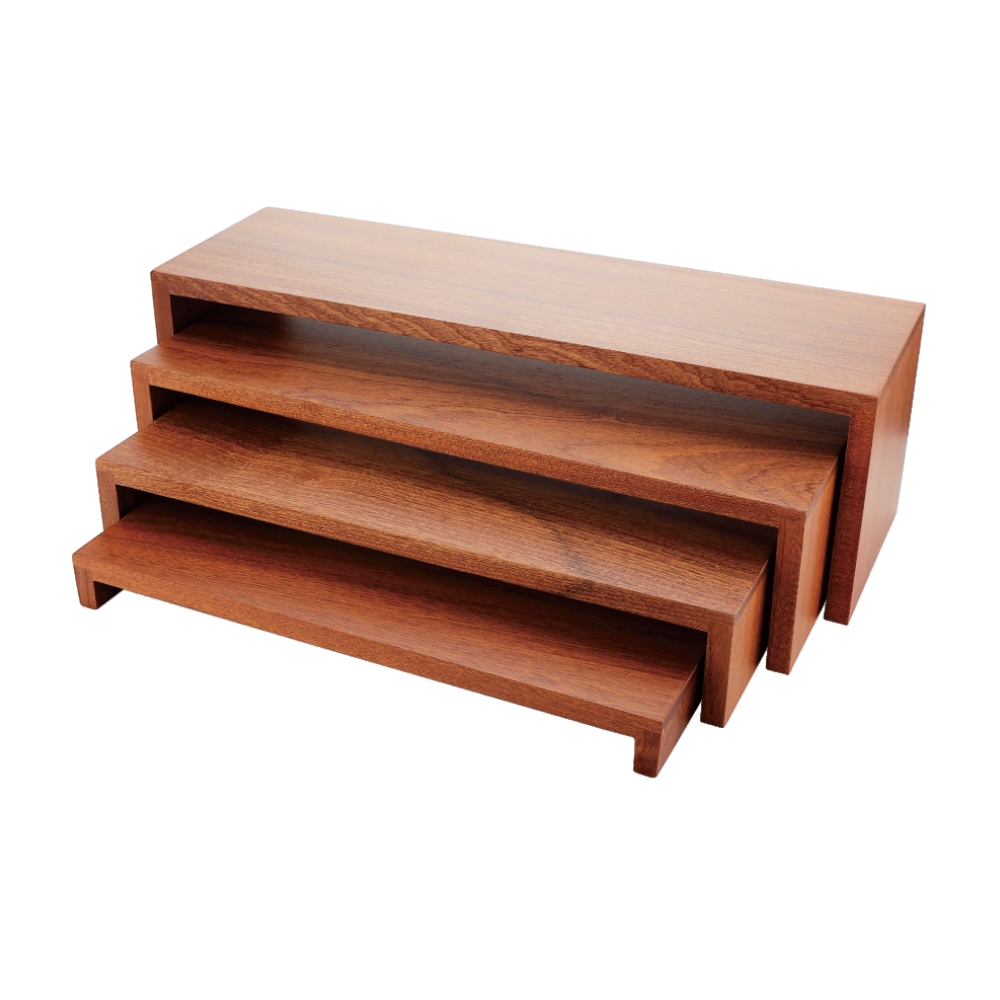 WOODEN DISPLAY RISERS SET OF 4 , SAPELE, 540*170*165MM & 496*170*120MM & 456*170*80MM & 414*170*40MM