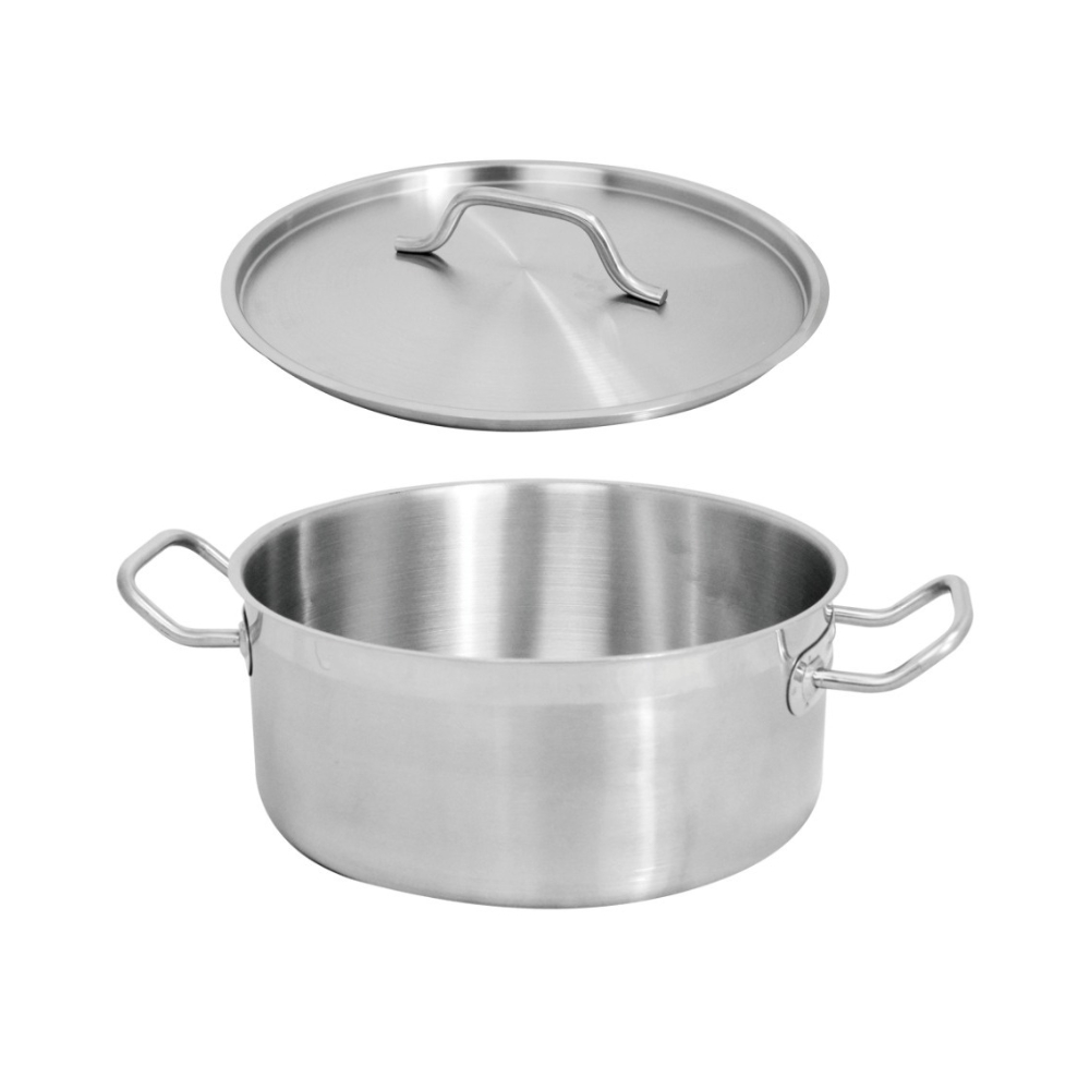 LOW CASSEROLE WITH LID， 24 X 10CM， 4.5LTR， MATERIAL:21CT， BODY:0.8MM， AL:4MM， INDUCTION BASE