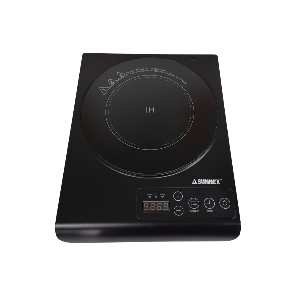 Discover the SUNNEX CIC2000H, a compact 2000W black induction cooker with a space-saving 355x275mm design, 5 power levels, 180-min timer, and safety features like auto shut-off. Ideal for home or catering, featuring Fry/Soup presets for precise cooking. Shop now at sunnexproducts.com.