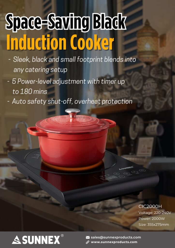 SUNNEX CIC2000H space-saving black induction cooker with 2000W power, 5 adjustable levels, 180-minute timer, auto shut-off and overheat protection—perfect for home and catering kitchens seeking fast, efficient cooking.