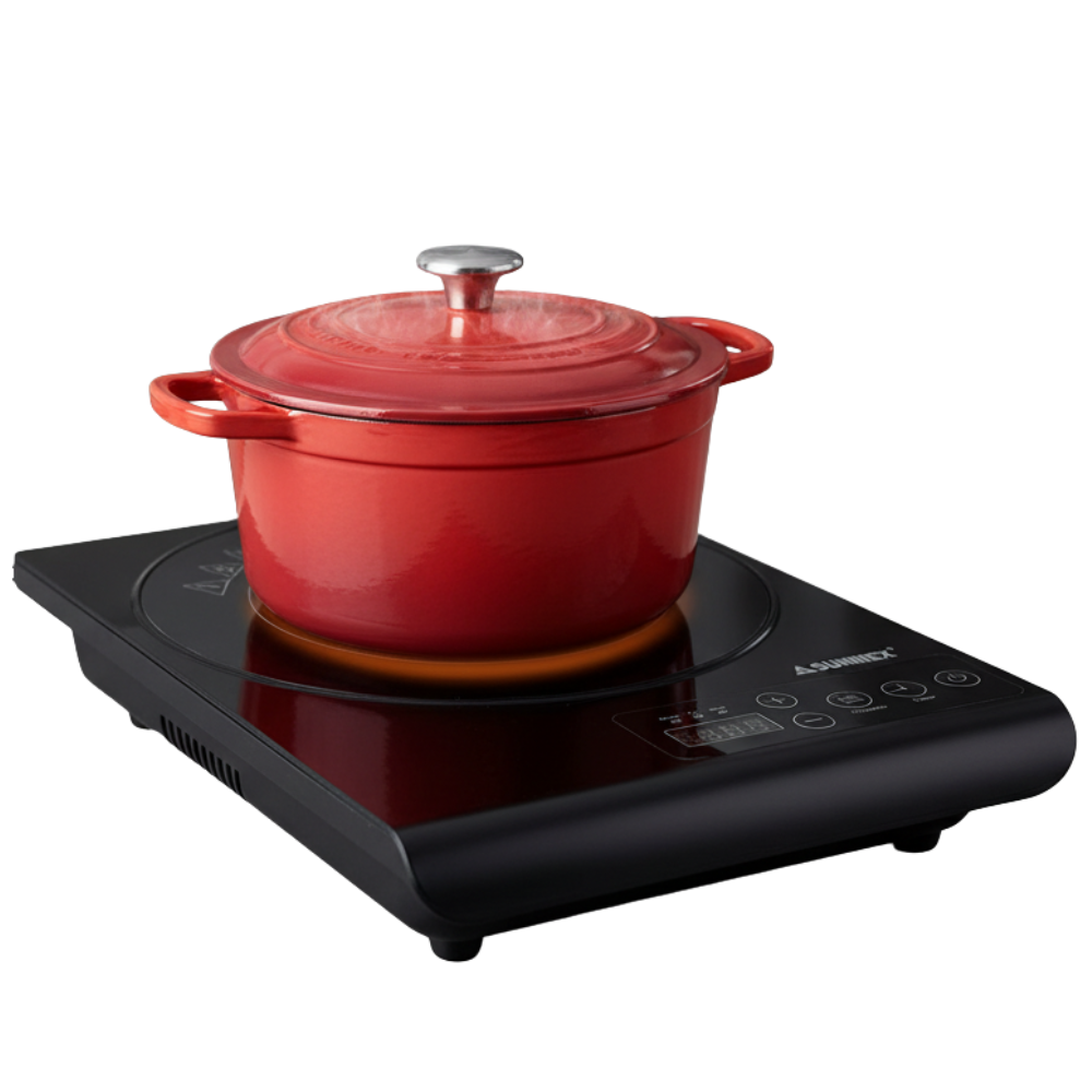Discover the SUNNEX CIC2000H, a compact 2000W black induction cooker with a space-saving 355x275mm design, 5 power levels, 180-min timer, and safety features like auto shut-off. Ideal for home or catering, featuring Fry/Soup presets for precise cooking. Shop now at sunnexproducts.com.