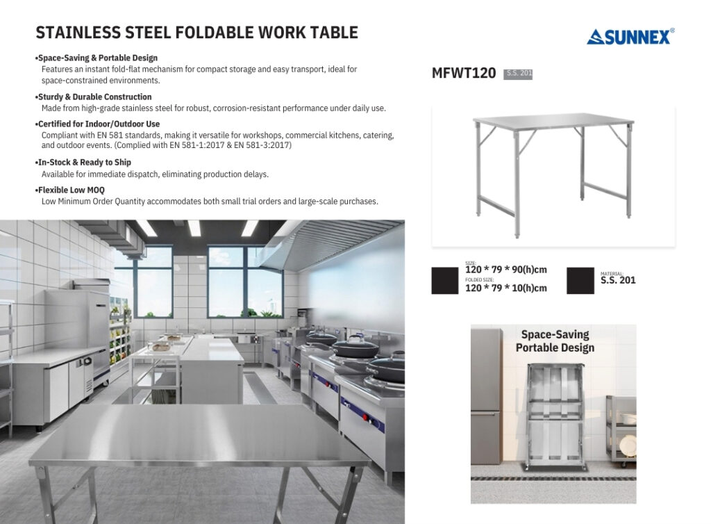 Discover the SUNNEX stainless steel foldable work table for hotel buffets and catering operations. Heavy-duty, space-saving design, EN 581 certified, in-stock with flexible low MOQ.