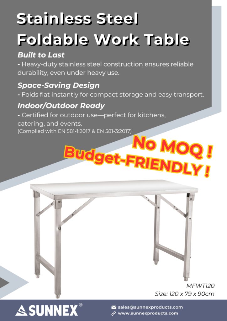 Discover the SUNNEX stainless steel foldable work table for hotel buffets and catering operations. Heavy-duty, space-saving design, EN 581 certified, in-stock with flexible low MOQ.
