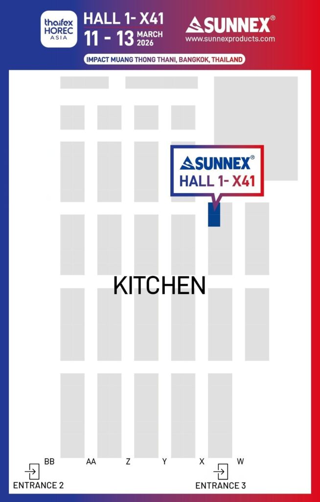 Join SUNNEX at THAIFEX HOREC Asia 2026, 11-13 March, IMPACT Bangkok, Hall 1 Booth X41. Discover premium buffet chafers, kitchen equipment & innovations for hotels and restaurants.