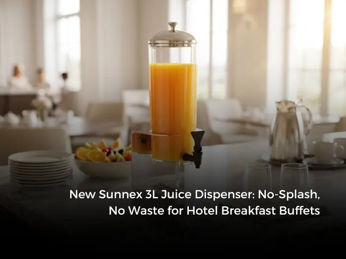 Introducing the new Sunnex 3L Juice Dispenser (U13-2000). Featuring a no-splash spout, maximised beverage extraction and optional ice tube insert — purpose-built for hotel and restaurant breakfast service.