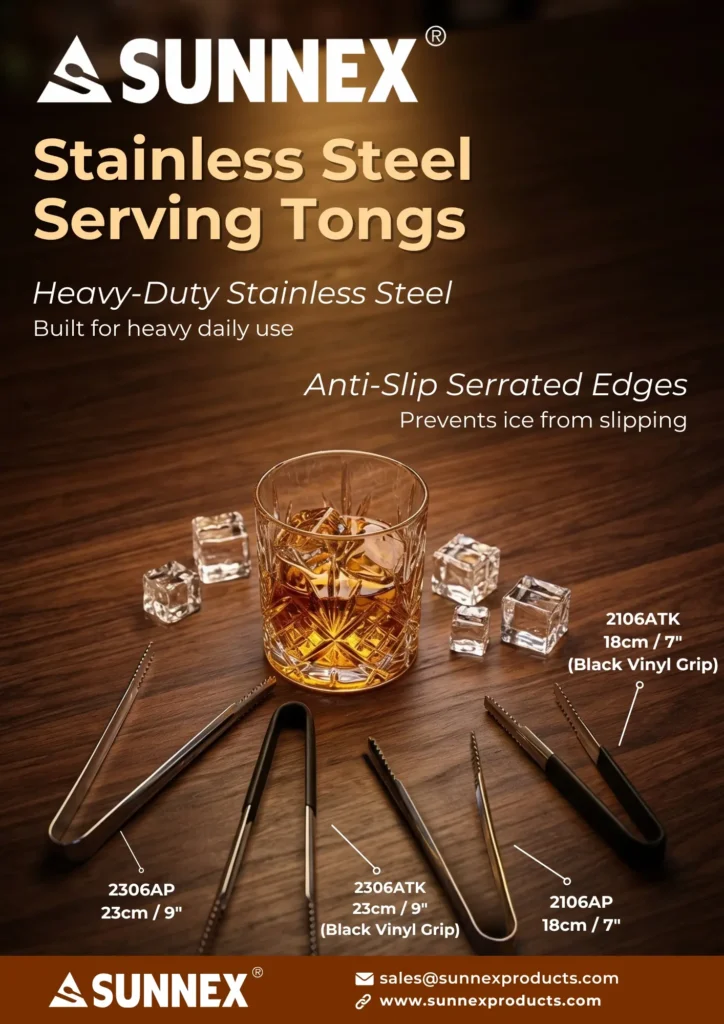 Discover how the Sunnex heavy-duty stainless steel serving tongs — with anti-slip serrated edges and optional black vinyl grip — keep hotel buffet and catering service fast, safe, and professional.