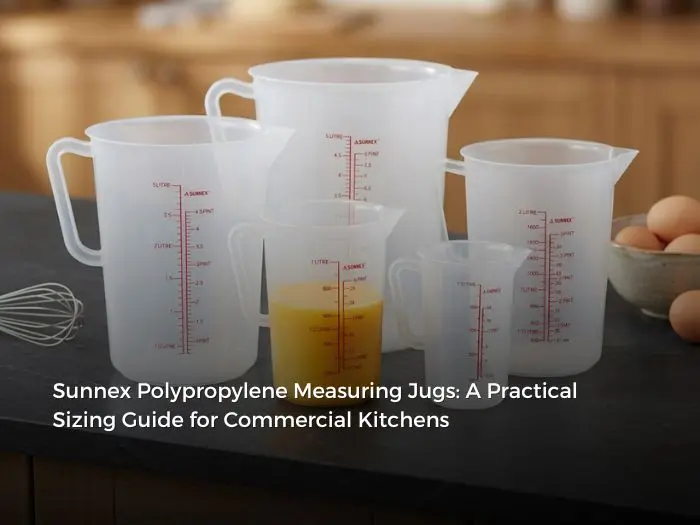 Compare all 5 sizes of the Sunnex Polypropylene Measuring Jug series (0.5L to 5L) — durable, chemical-resistant, clearly graduated jugs built for accurate everyday measuring in commercial kitchens.