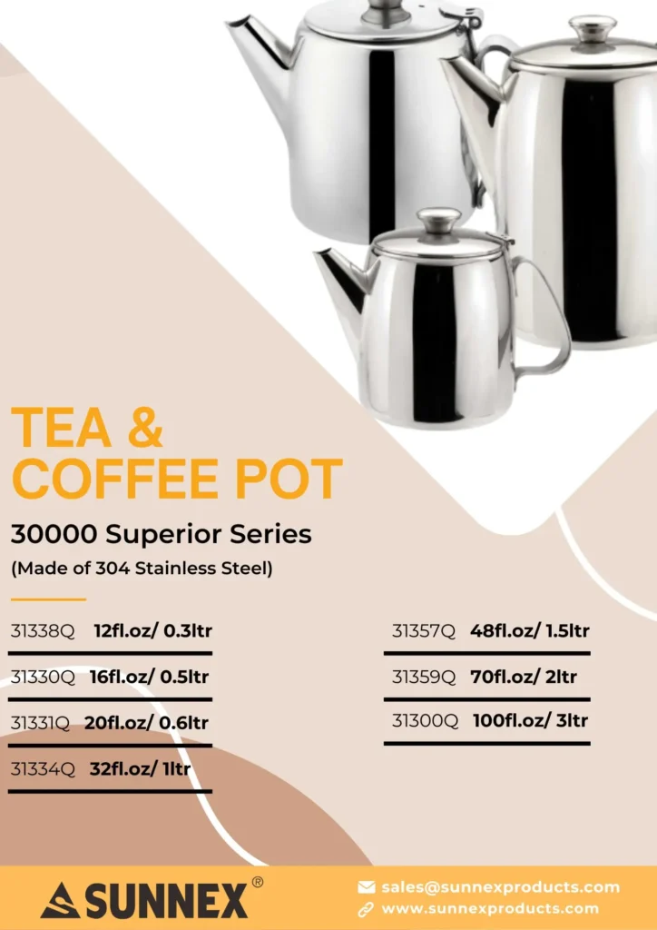 Sunnex Superior 30000 Series stainless steel tea and coffee pots — 7 sizes from 0.3L to 3L for hotel and restaurant service