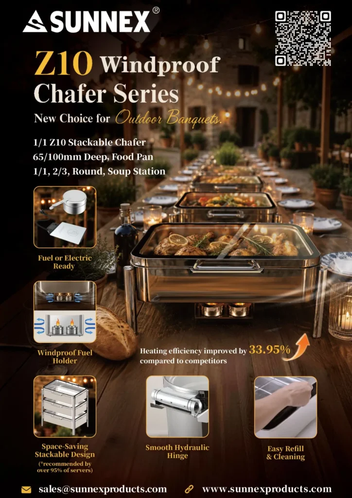 The Sunnex Z10 Windproof Stackable Chafer delivers 33.95% better heating efficiency, a space-saving stackable design, and dual fuel/electric flexibility — built for outdoor caterers and high-volume hotel buffets.