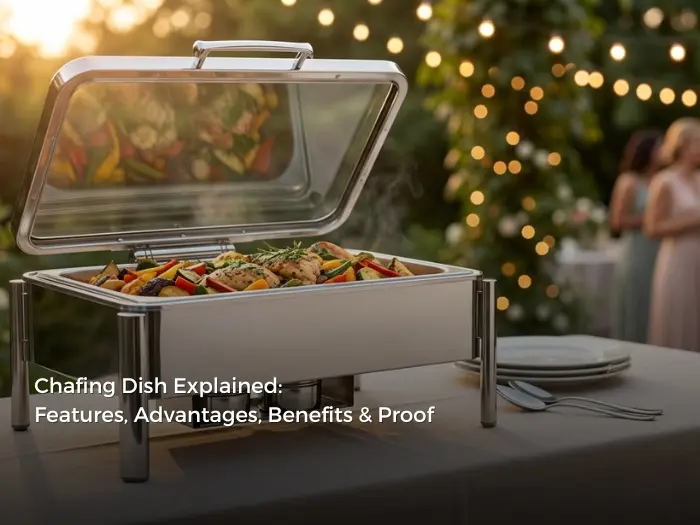 A complete FABE breakdown of the commercial stainless steel chafing dish — features, water-bath advantages, food safety benefits, and FDA-backed evidence for hotels and caterers.