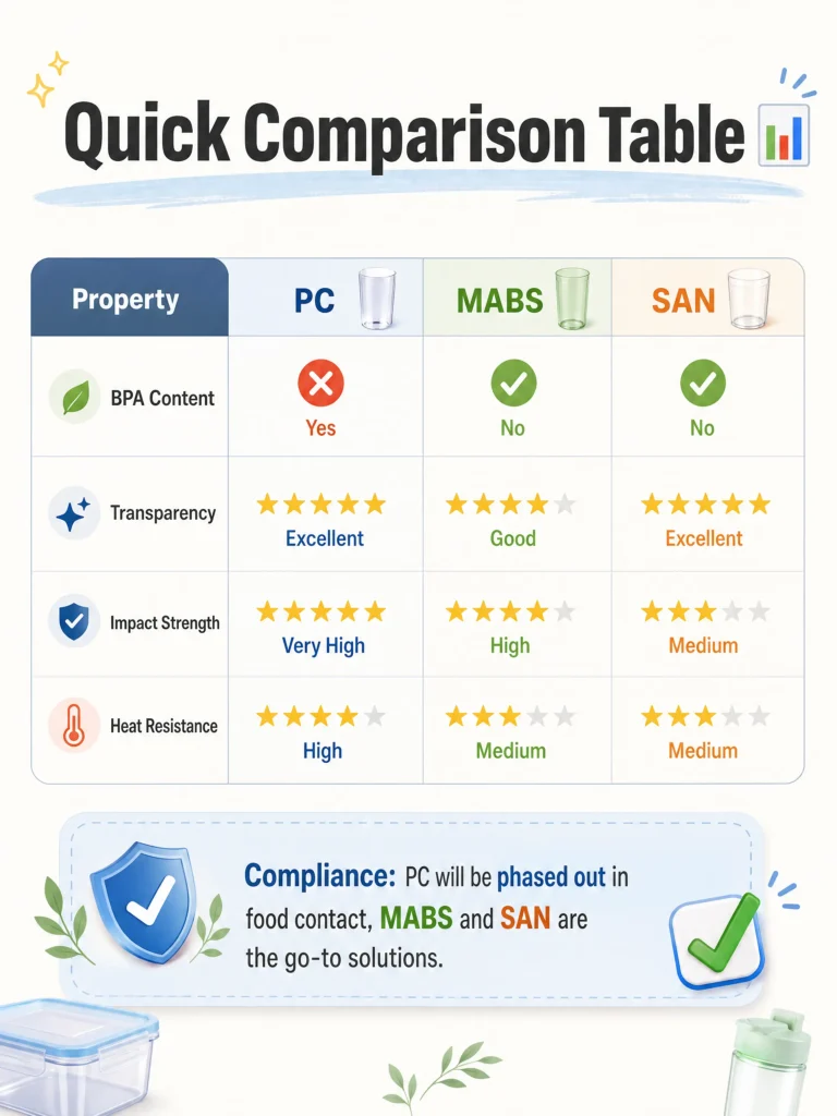 Comparison table showing polycarbonate, MABS, and SAN plastic properties including BPA content, transparency, and impact strength ratings