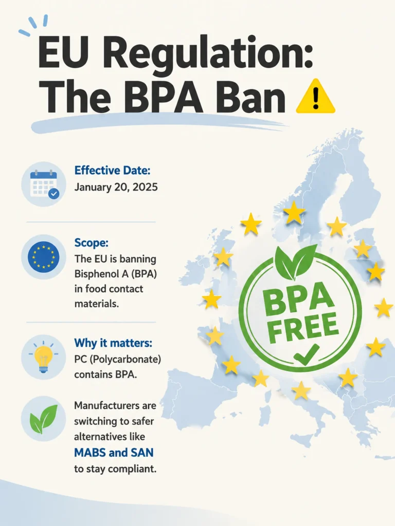 Infographic summarizing the EU BPA ban Regulation 2024/3190, effective January 20 2025, showing polycarbonate phase-out and BPA-free certification badge over a map of Europe