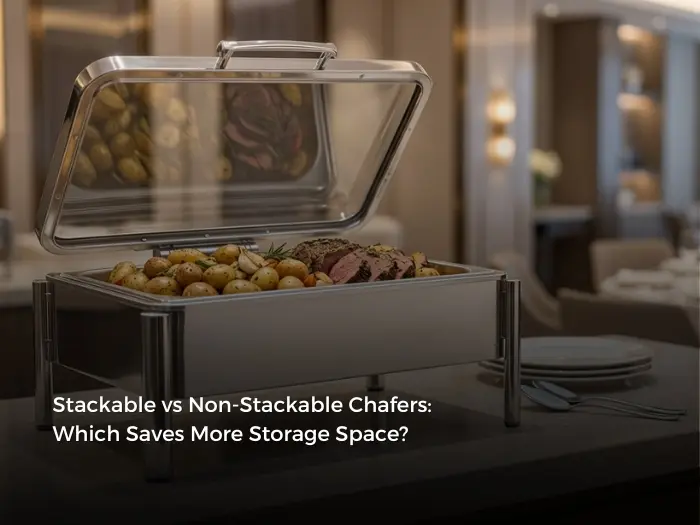 Compare stackable and non-stackable chafer designs for hotel and catering storage. See how stackable Z10-style chafers cut storage footprint and transport hassle.