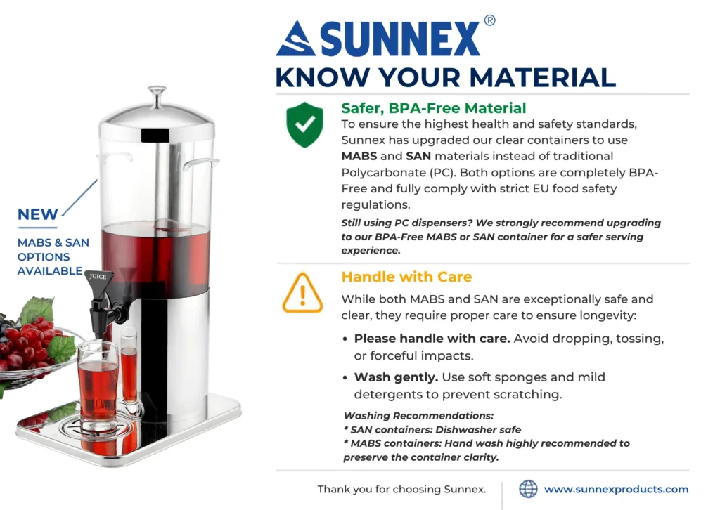 Sunnex branded material safety card showing a stainless steel juice dispenser with BPA-free MABS and SAN container options and care instruction