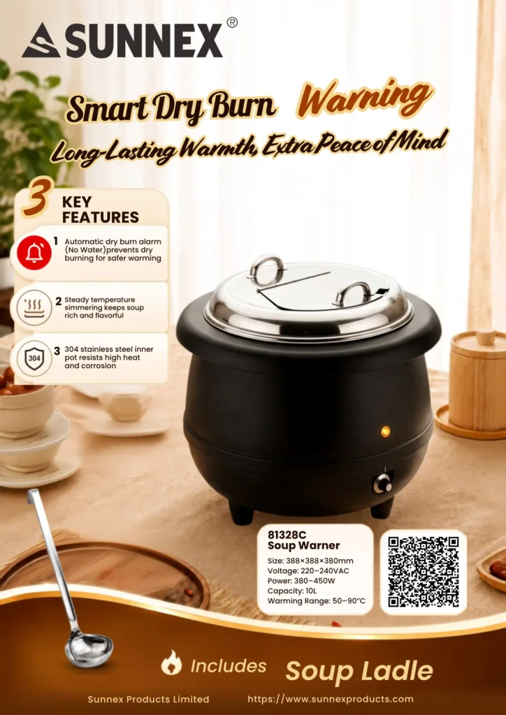 Automatic dry burn alarm indicator on the Sunnex 81328C commercial soup warmer