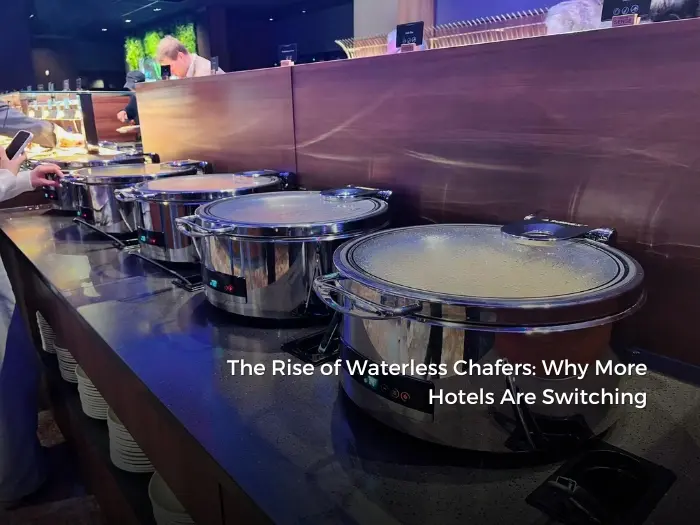 Waterless dry heat chafer with digital temperature control on a hotel buffet line