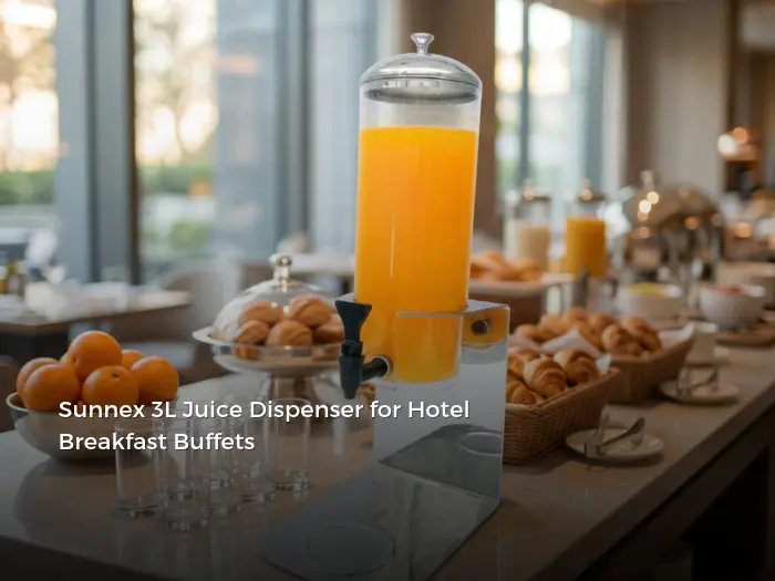 Upgrade breakfast service with the Sunnex U13-2000 3L juice dispenser, featuring a no-splash spout, clear PC/SAN/MABS container and optional ice tube.