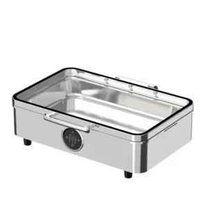 Sunnex Z10 electric chafing dishes with digital temperature control, displayed on a hotel buffet counter, featuring PTC heating, removable water pans and a timer.