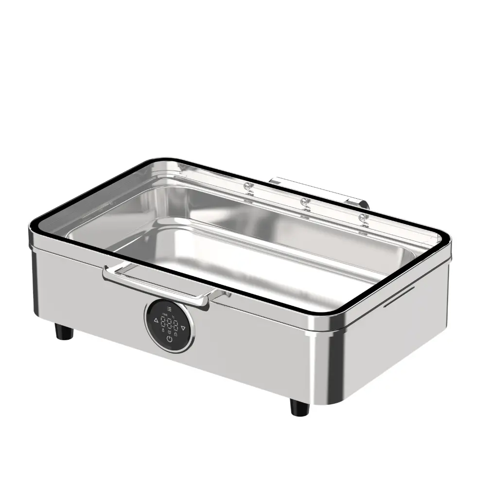 Sunnex Z10 electric chafing dishes with digital temperature control, displayed on a hotel buffet counter, featuring PTC heating, removable water pans and a timer.