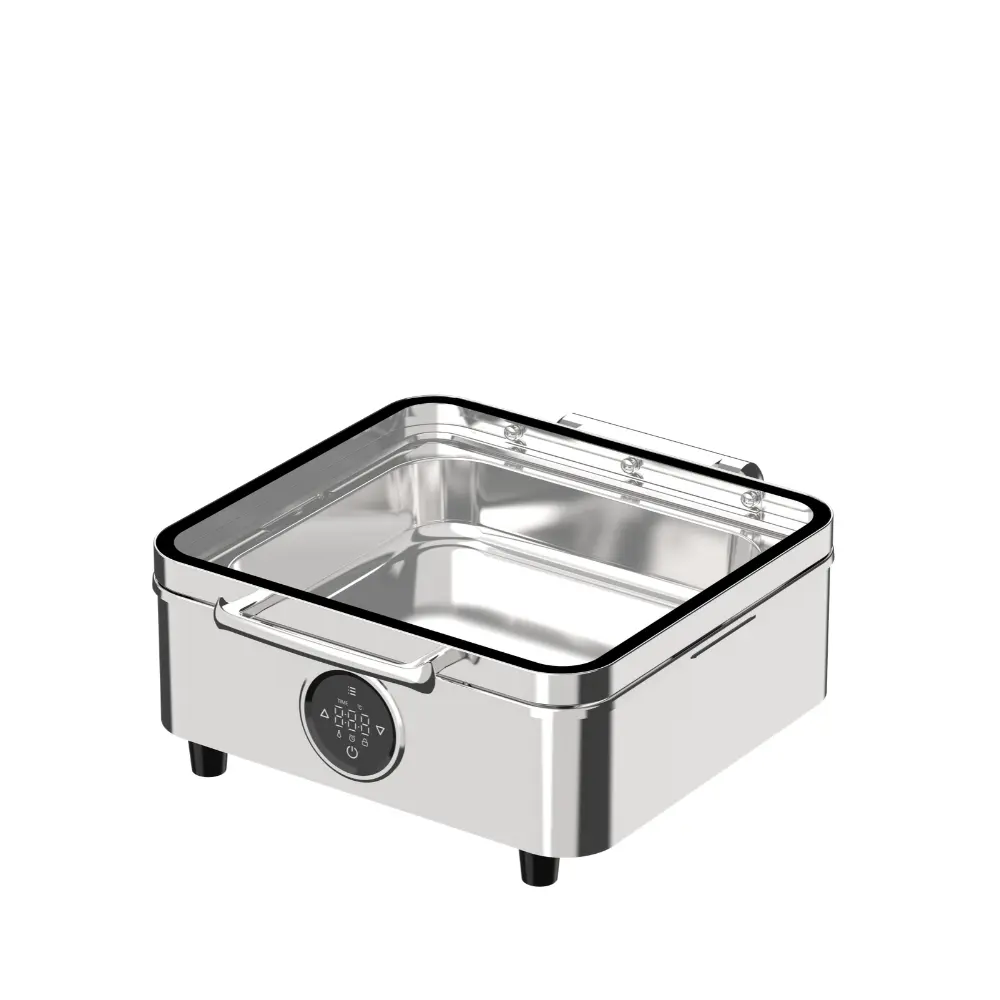 Sunnex Z10 electric chafing dishes with digital temperature control, displayed on a hotel buffet counter, featuring PTC heating, removable water pans and a timer.